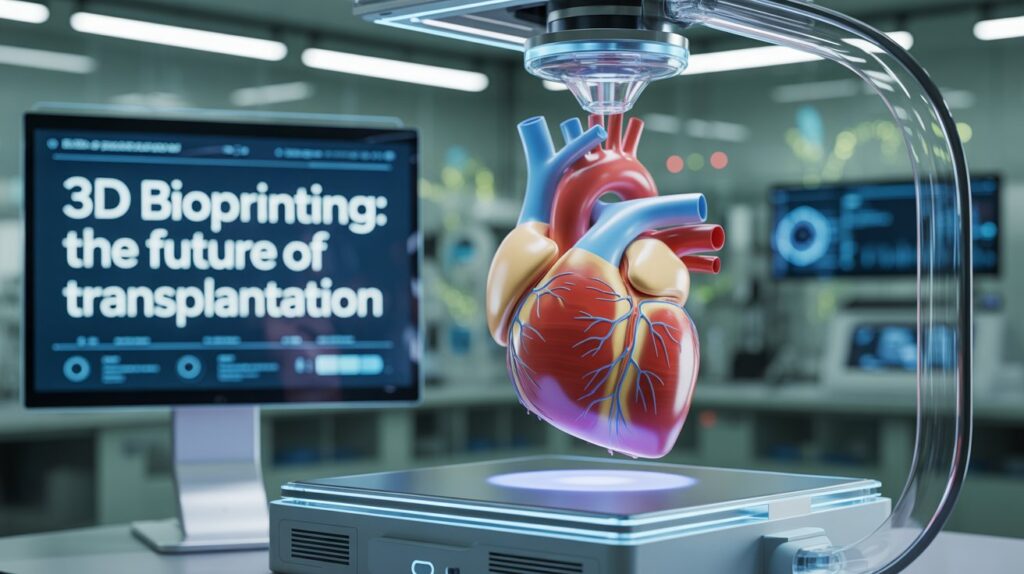 An image of Human heart enclosed in futuristic glass chamber with a board in the background displaying- 3D Bioprinting: the future of Transplantation