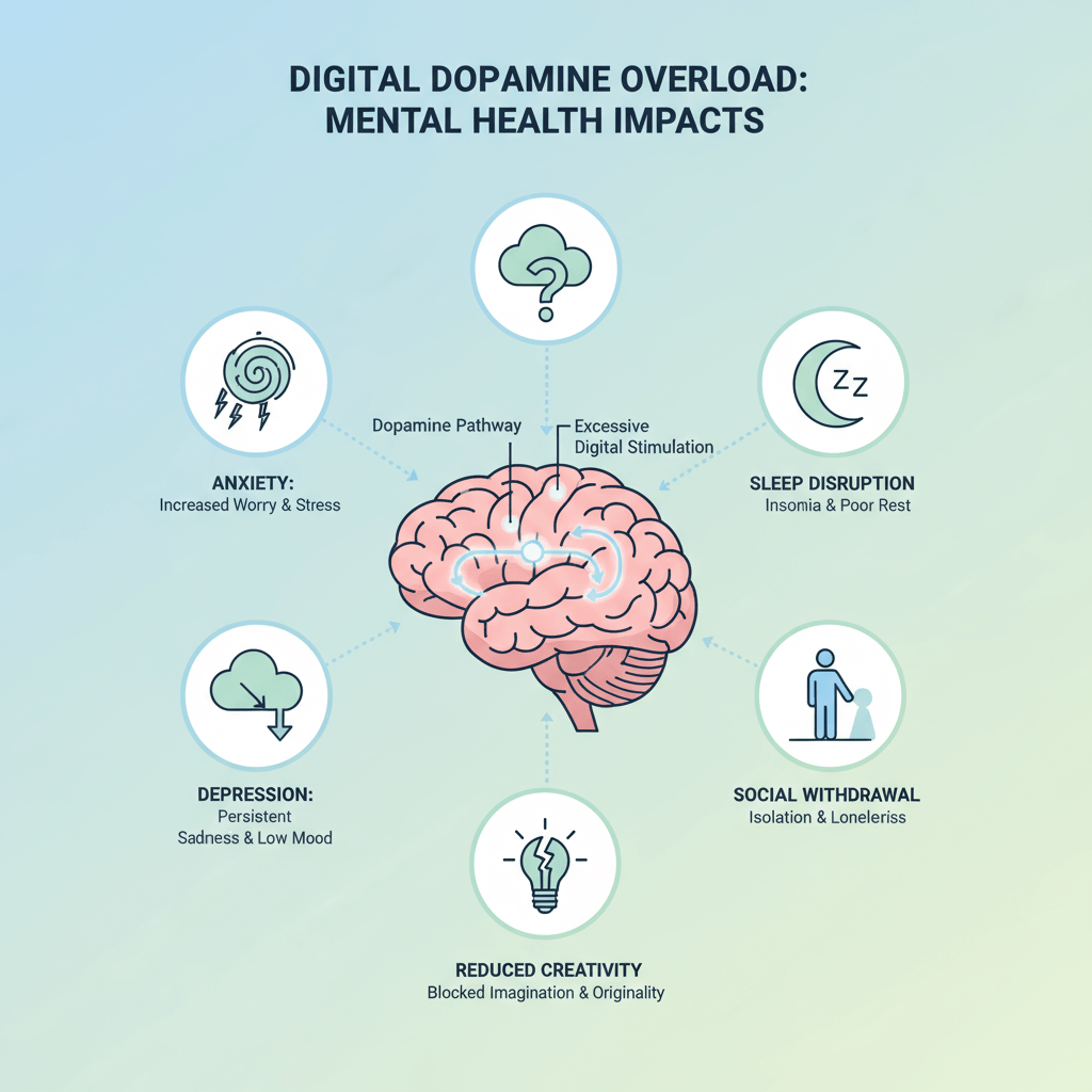 Digital Dopamine Explained: Neuroscience, Impact, and Break Free Strategies 3 Infographic showing mental health impacts of Digital Dopamine Overload