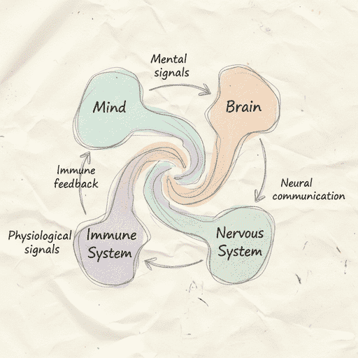 The Ultimate Science of Yoga Healing Body and Mind: Embrace Vitality & Inner Peace 3 a diagram showing connection of feedback connection between mind, brain, nervous system and immune system