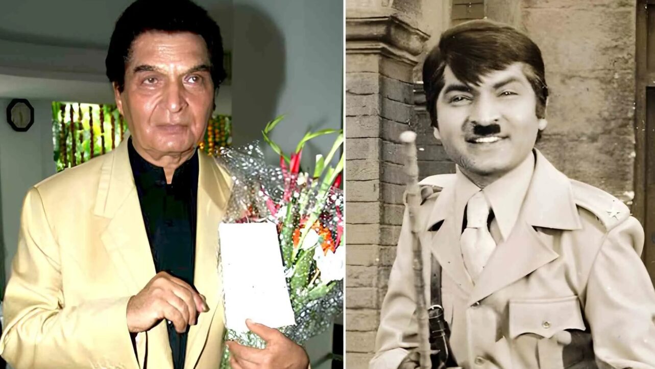 Bollywood Legend Asrani Passes Away at 84 After Battle With Pulmonary Edema 2 composite image shwing picture of Asrani on left side and Picture of his iconic role of a jailer in Blockbuster movie Sholay