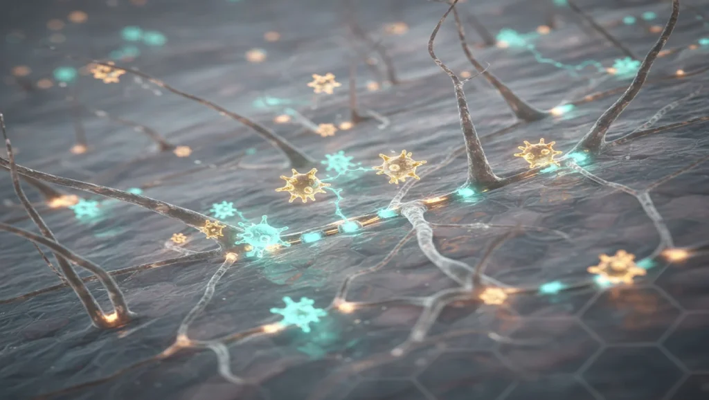 Medical illustration showing pleiotrophin molecules restoring synaptic connections in brain tissue for Down syndrome treatment.