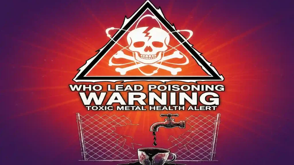 "WHO global health alert warning about lead exposure dangers with vivid gradient background featuring toxic metal contamination symbol