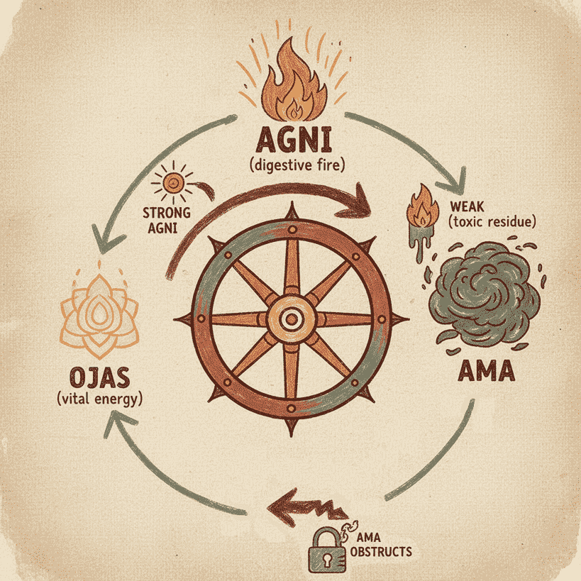 ama_ojas_agni_cycle An image depicting the relationship of Agni, Ama and Ojas in Ayurveda