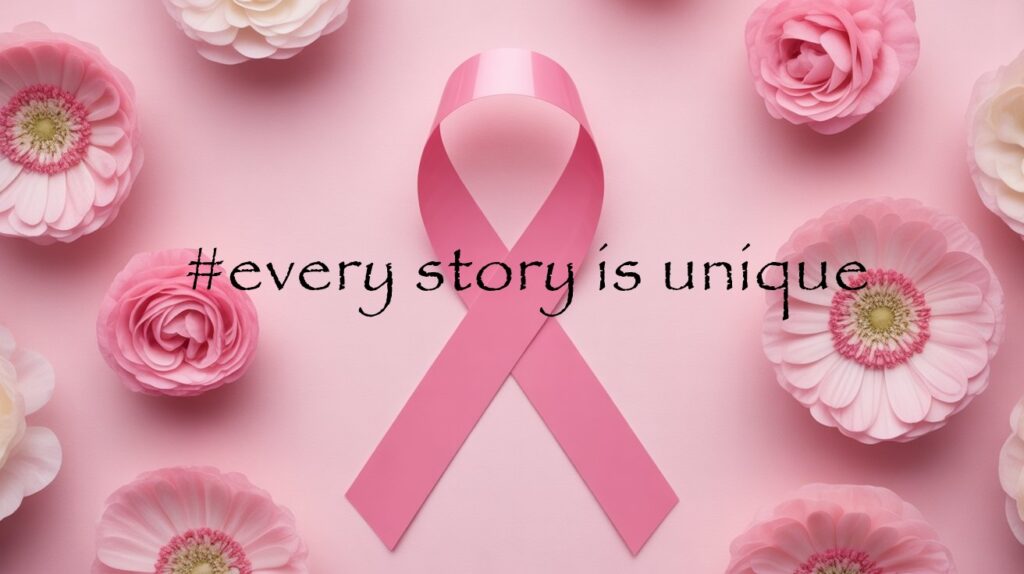 An image of breast cancer awareness month october 2025 with WHO slogan- every story is unique