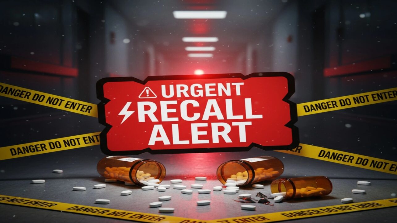 Over 140,000 Bottles of Indian-Made Cholesterol Medication Recalled in USA Over Quality Failure 3 Medication pills with Board displaying 'Urgent Recall Alert' reflecting this news article of FDA recall of Cholesterol Lowering Drugs Manufactured By Indian Pharmaceutical Company