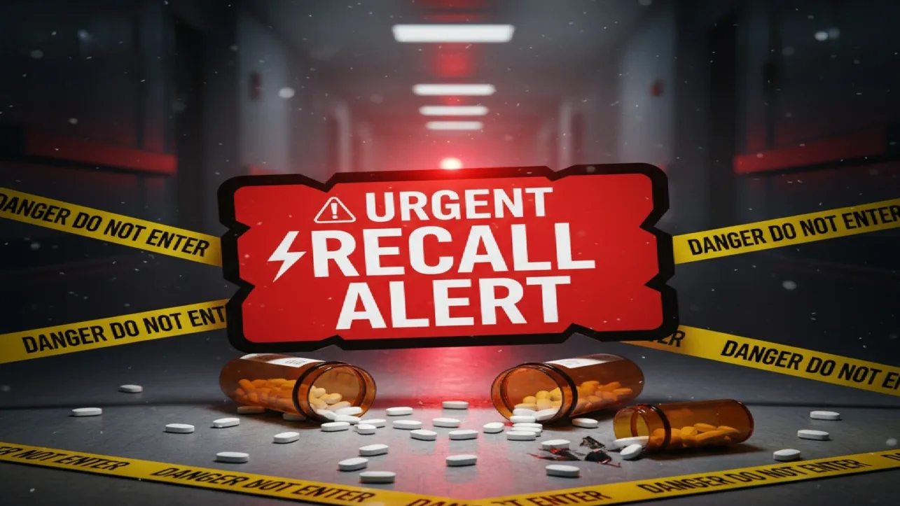 Home 7 Medication pills with Board displaying 'Urgent Recall Alert' reflecting this news article of FDA recall of Cholesterol Lowering Drugs Manufactured By Indian Pharmaceutical Company