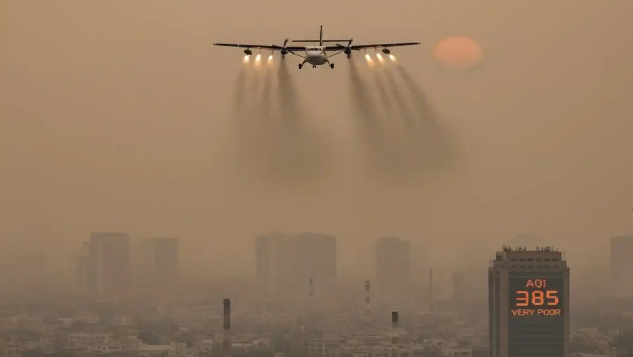 Aircraft releasing silver iodide flares over skyline during failed cloud seeding experiment.