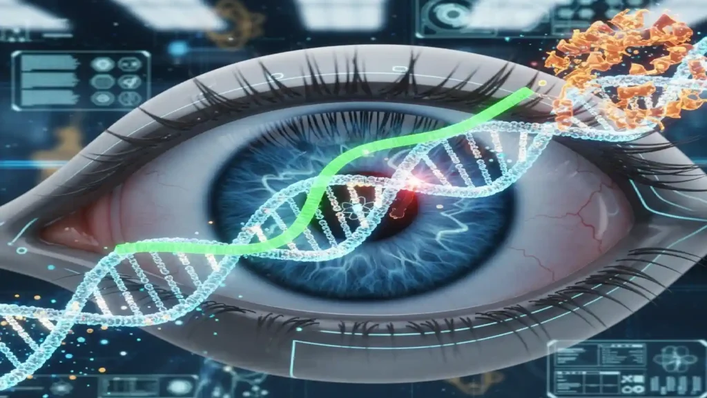Futuristic illustration showing human eye with DNA double helix and CRISPR gene editing visualization representing vision restoration technology