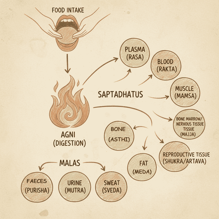 dhatu_mala An illustration depicting the Ayurvedic concept of food digestion leading to nourishment of Saptadhatus and excretion of Mala