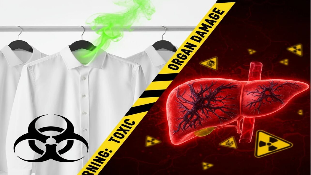PCE Liver Disease: Your Dry Cleaning Habit Triples Fatal Risk—New Study 3 split image showing dry cleaning laundry and liver damage
