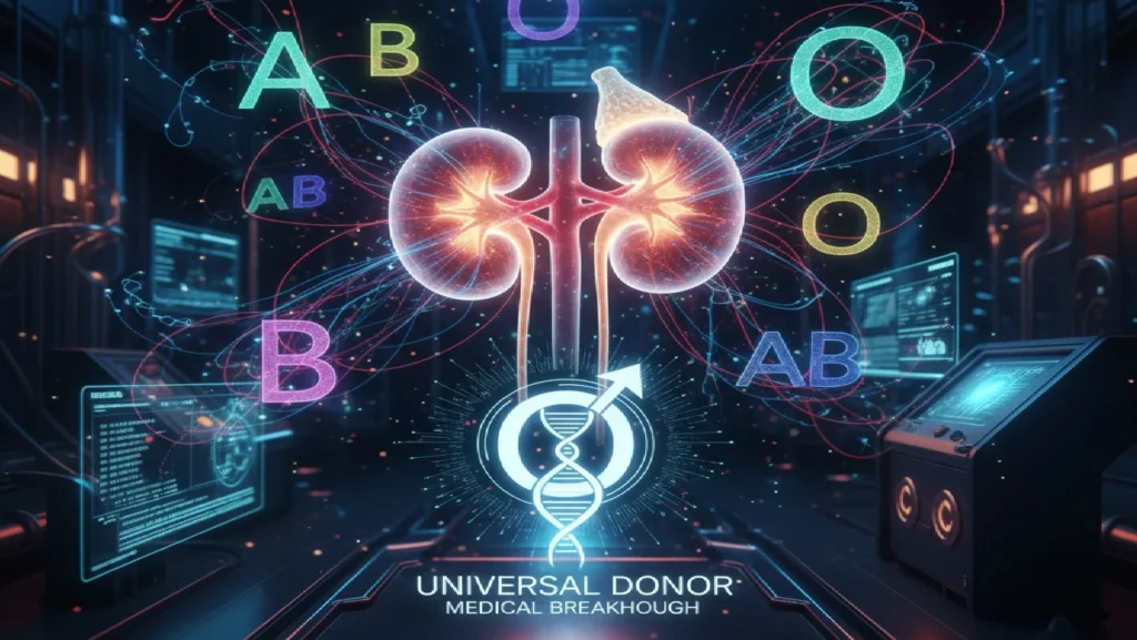 Human kidney with blood type symbols A, B, and O representing enzyme conversion technology for universal organ transplantation.