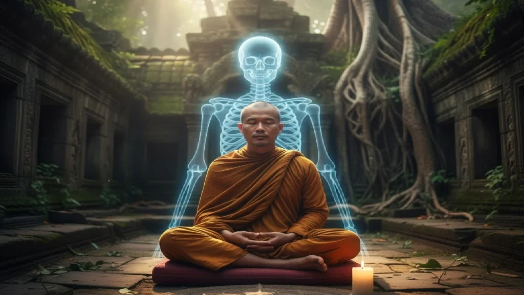 a monk sitting in lotus posture doing maransati meditation