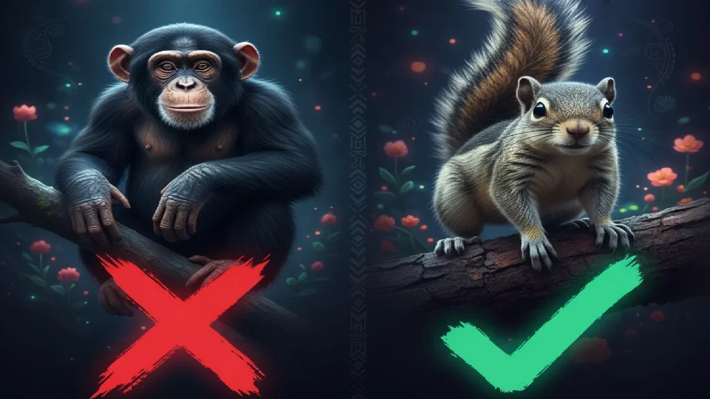 an image showing monkey with a cross mark and squirrel with a tick mark