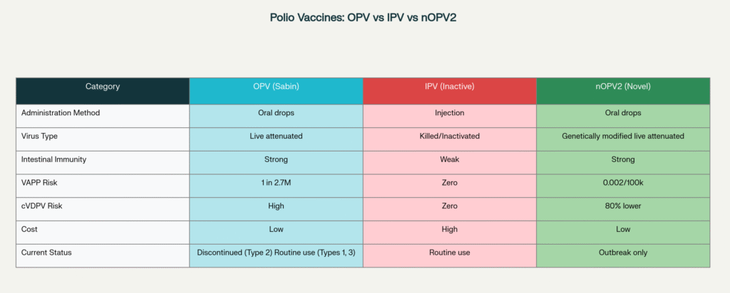 polio_vaccines_comparison Comparison table of three polio vaccines: OPV, IPV, and nOPV2, showing differences in administration method, safety risks, cost, and current usage status