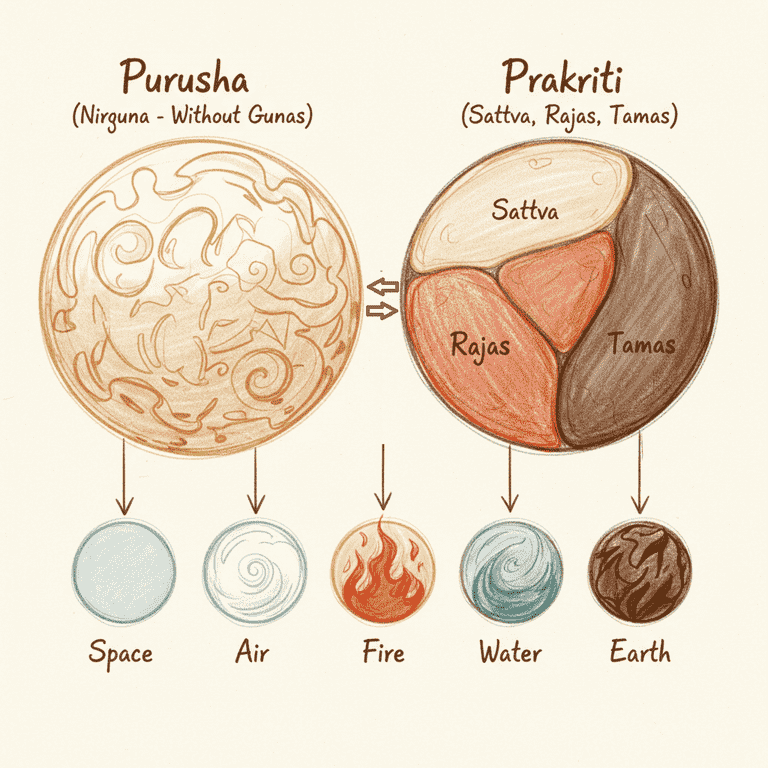 purush_prakriti an image showing interplay of nirguna Purursh with saguna prakriti with three gunas-sattva,rajas and tamas to form 5 elements-space, earth,fire,water & earth