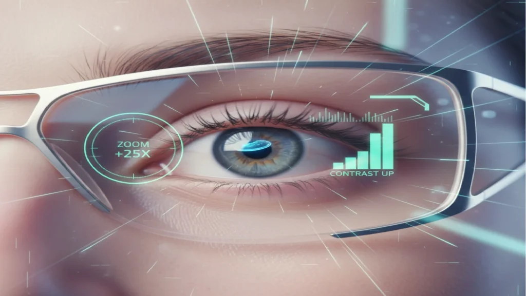 Stanford's Revolutionary Retinal Implant Restores Vision in Patients with Macular Degeneration 4 Eye with futuristic smart glasses showing recent breakthrough innovation by Stanford in the field of retinal implants using glasses & Retinal Chip called PRISMA to restore vision in the blind patients with macular degeneration