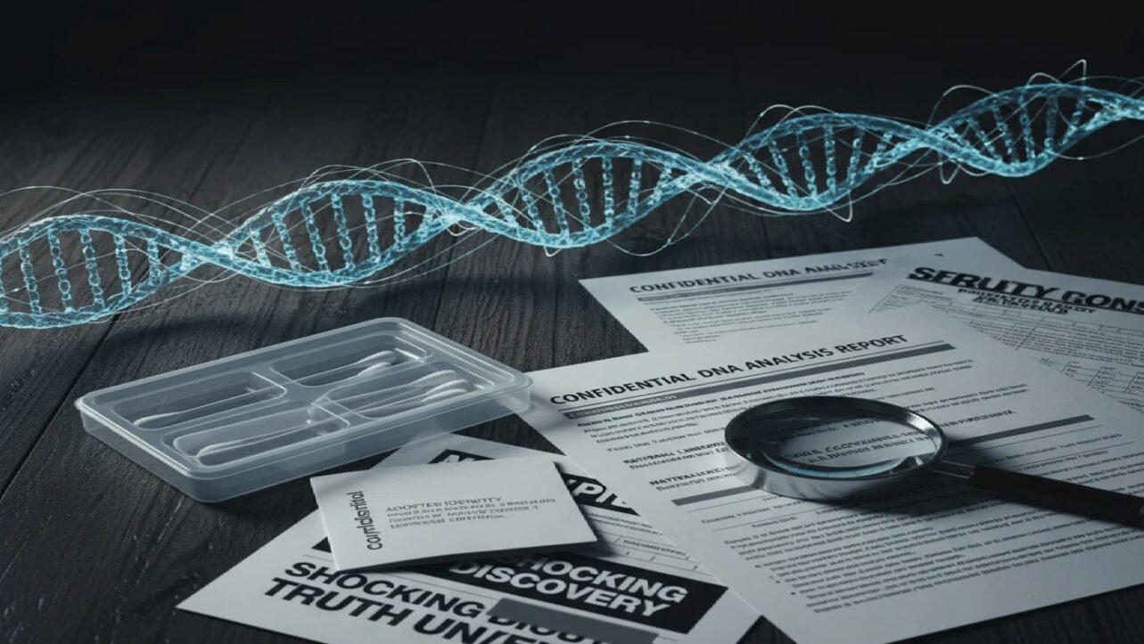 Summer McKesson's 23andMe Test Exposes Fertility Doctor's 40-Year Deception 4 DNA test results with double helix showing genetic discovery that uncovered fertility doctor's secret paternity of Summer McKesson