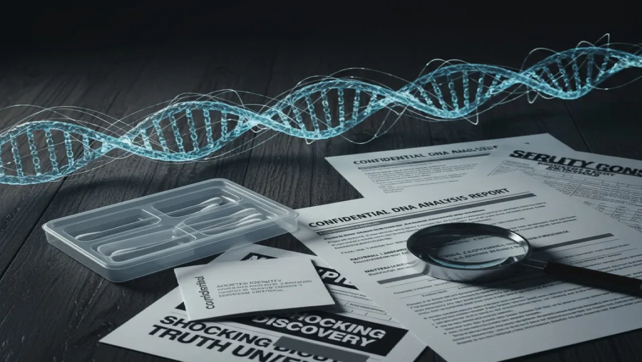 Home 4 DNA test results with double helix showing genetic discovery that uncovered fertility doctor's secret paternity of Summer McKesson