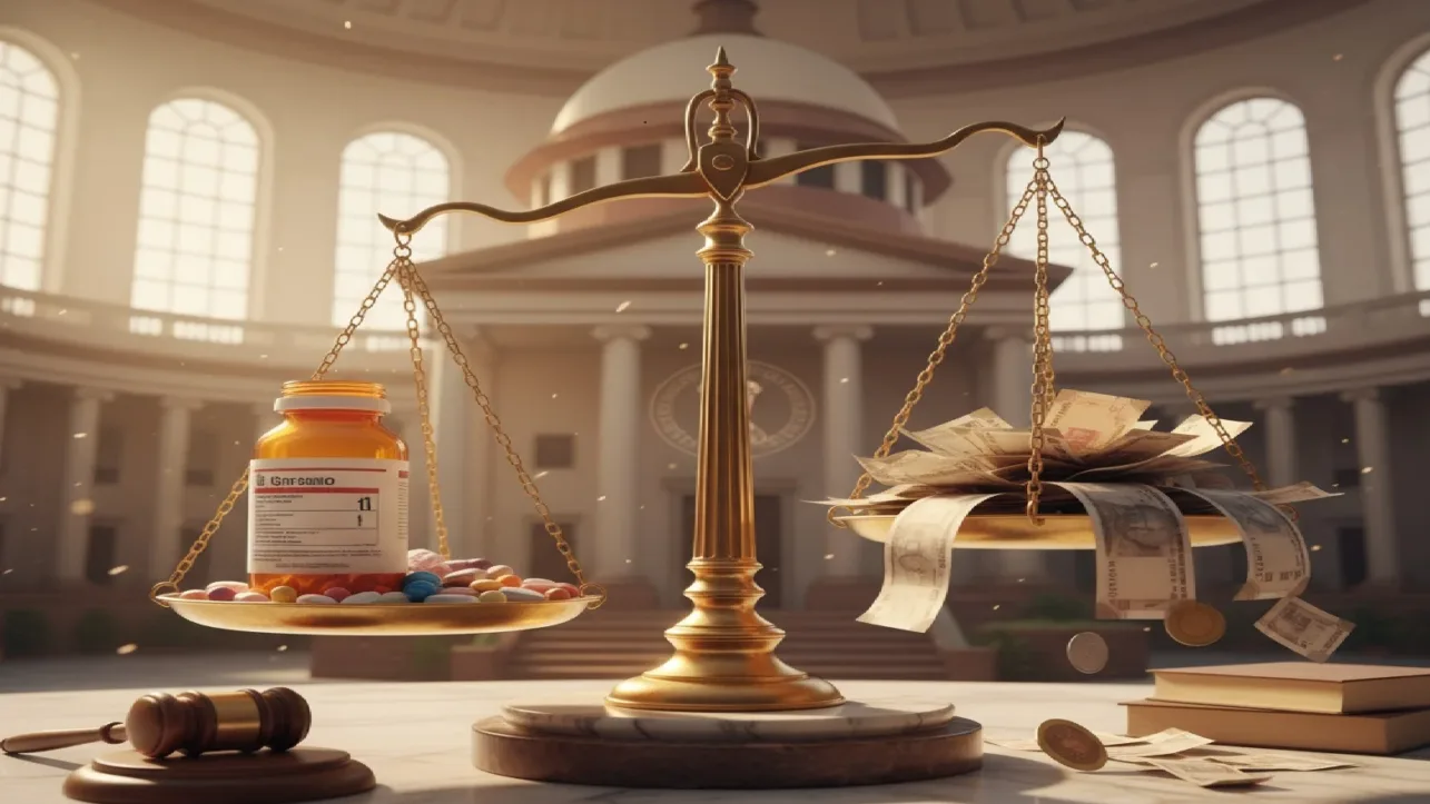 Home 1 Supreme Court justice scales with medicine on one side, money/affordability on other