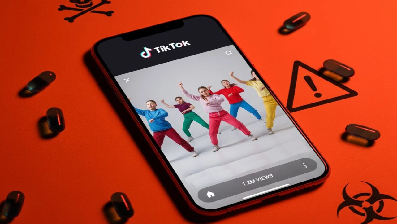 Blue Molecule weight-loss pills displayed on orange background with smartphone showing TikTok app interface, illustrating viral teen drug crisis.