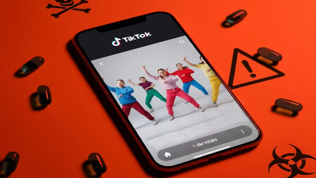 Blue Molecule weight-loss pills displayed on orange background with smartphone showing TikTok app interface, illustrating viral teen drug crisis.