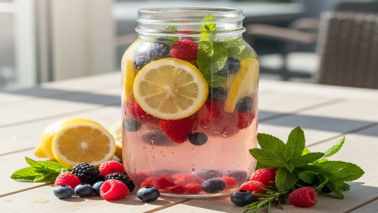 Close-up photo of a glass bottle filled with sparkling loaded water infused with fresh cucumber slices, lemon wedges, and vibrant green basil leaves, with water droplets on the outside of the bottle, resting on a rustic wooden surface under soft natural lighting.