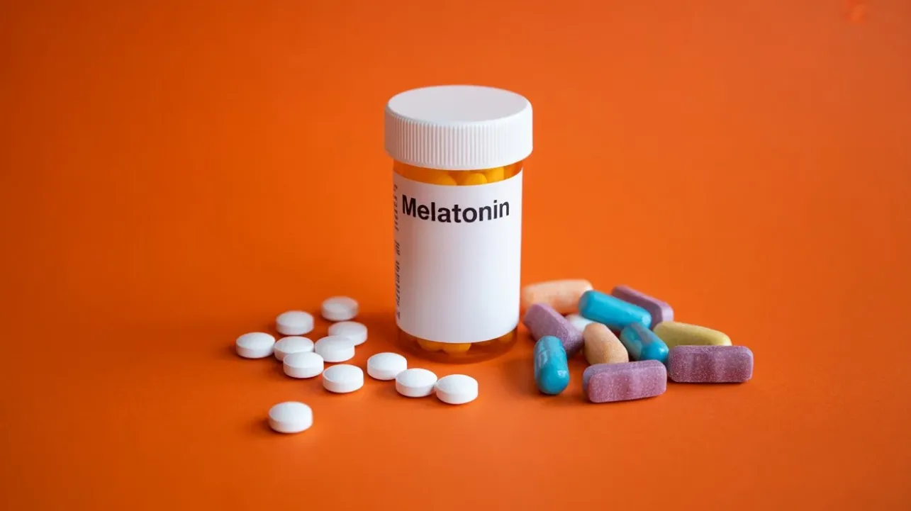melatonin bottle with scattered pills and melatonin gummies