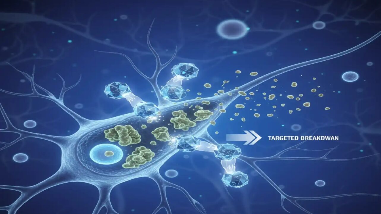 Medical illustration showing a designer molecule targeting misfolded SOD1 proteins in a motor neuron cell to prevent protein aggregation in Motor Neurone Disease treatment.