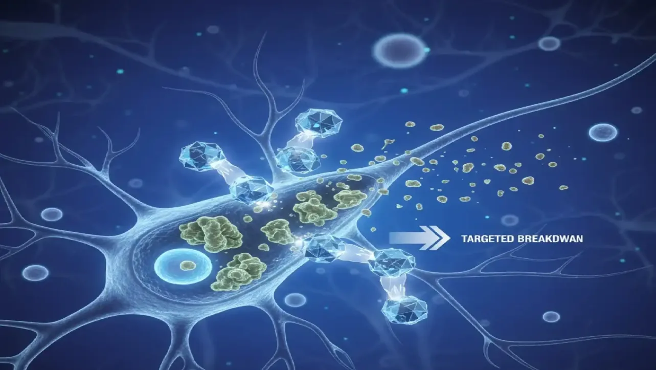 Medical illustration showing a designer molecule targeting misfolded SOD1 proteins in a motor neuron cell to prevent protein aggregation in Motor Neurone Disease treatment.